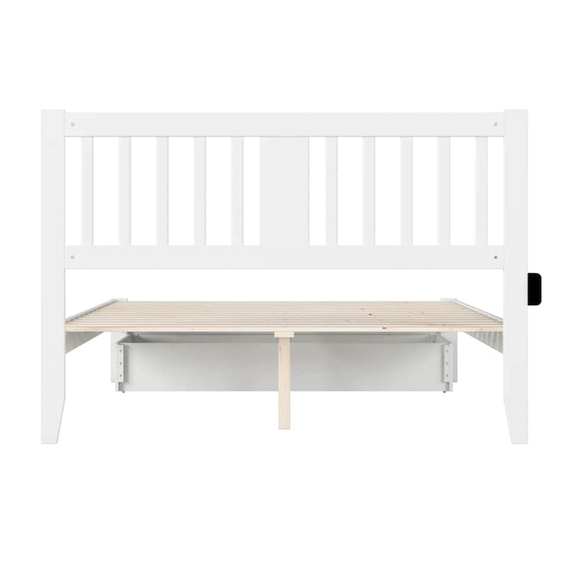 Bed with Foot Drawer & USB Charger - Solid Wood Bed Frame - White Finish