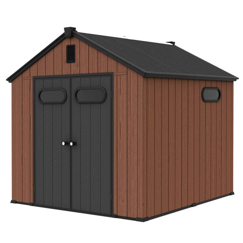 8X8 FT All-Weather Waterproof Outdoor Resin Storage Shed Windows Lockable Door with Floor for Patio Furniture and Tools - 8X8FT - Brown