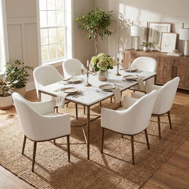 Christopher Knight Home - 7-Piece Industrial Metal Top Dining Set with Upholstered Chairs - ArmrestChair - Forged Brass