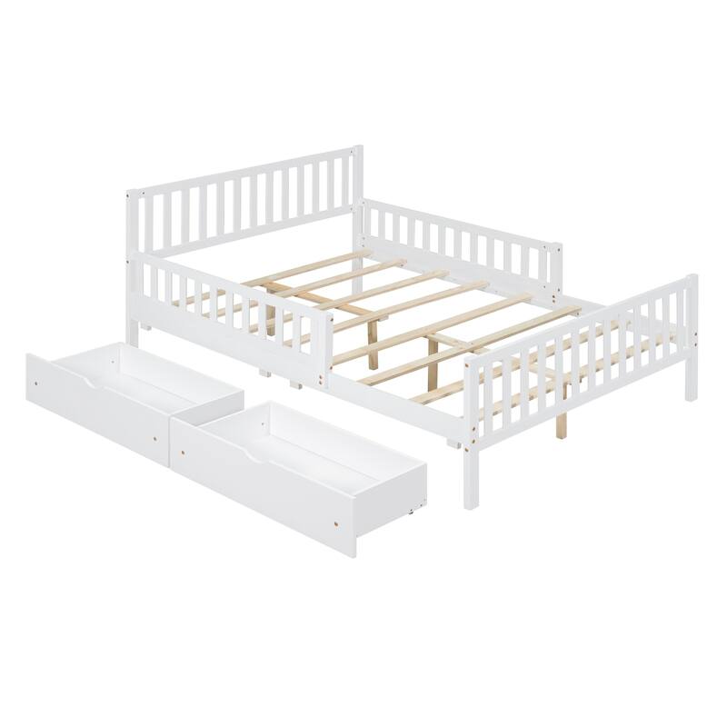 Full Size Wood Platform Bed with Guardrails and Two Drawers