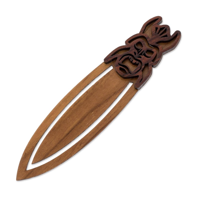 Handmade Boruca Mask Teakwood Bookmark (Costa Rica) - 4.9" H x 1.2" W x 0.2" D