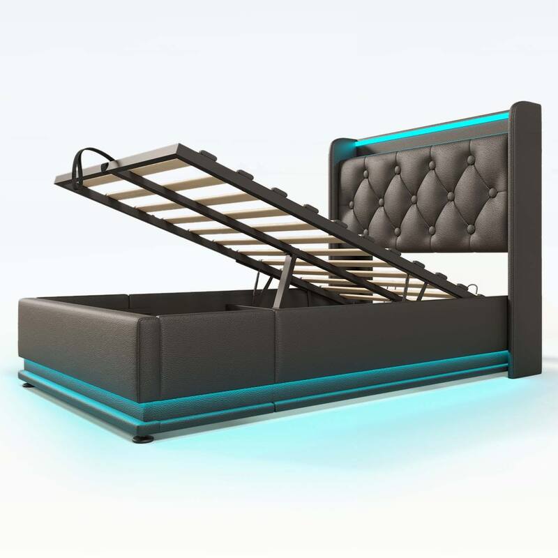 Classic Upholstered Bed with 360 LED Lighting,Hydraulic Storage,and USB Charging