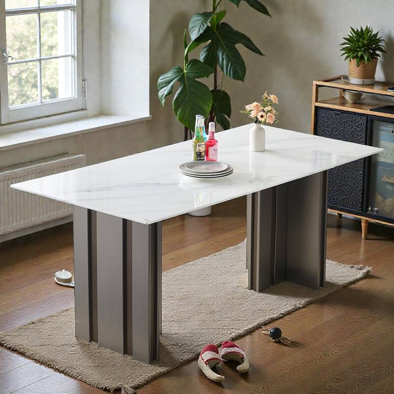 69.3 Inch Rectangular Dining Table with White Marble Glass Top, Modern Dining Table for 4 to 6 People - Grey White