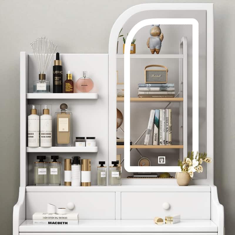 Vanity Desk with Mirror & LED Lights, 3 Drawers, Adjustable Lighting, Chair & Hair Dryer Holder, Makeup Table Set
