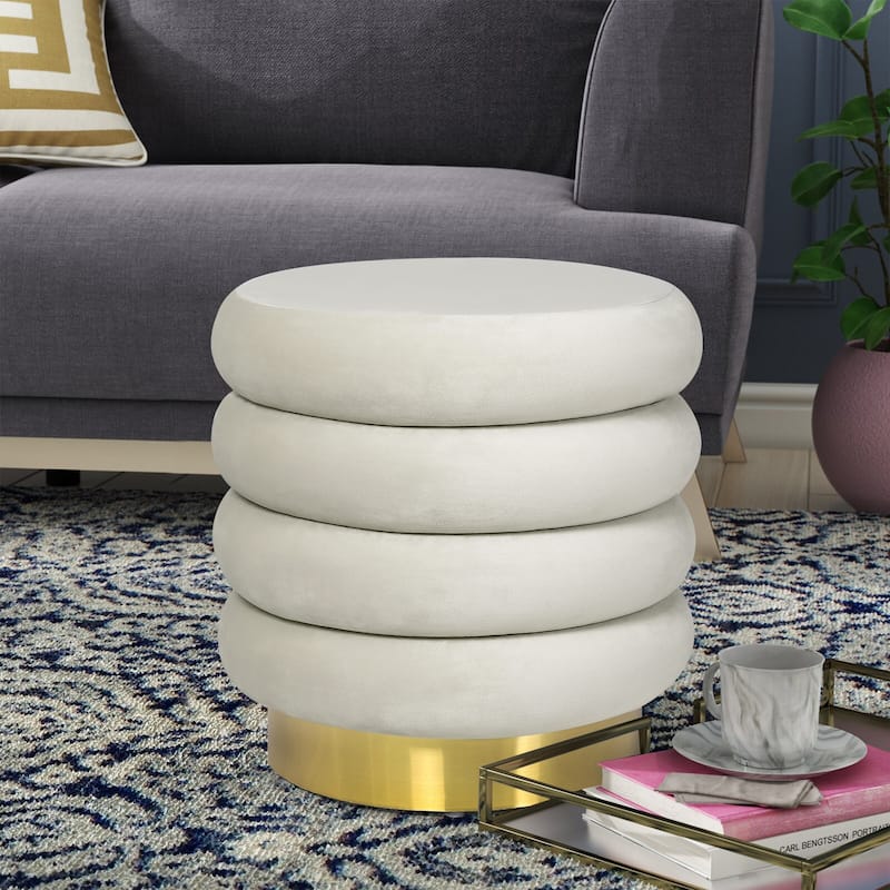 Adeco Round Storage Ottoman with Removable Lid, Vanity Velvet Footrest - Beige