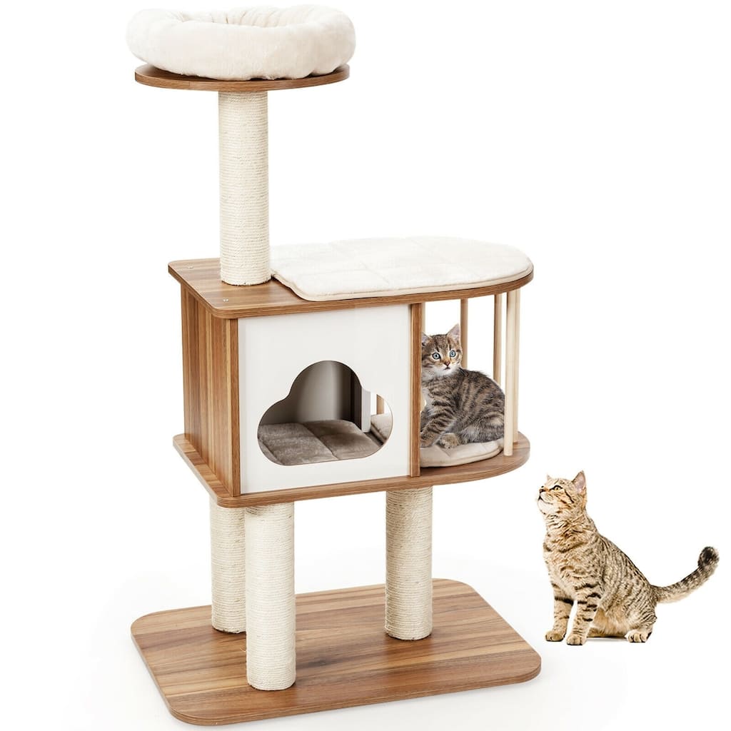 Wooden Cat Activity Tree with Platform and Cushions-Brown