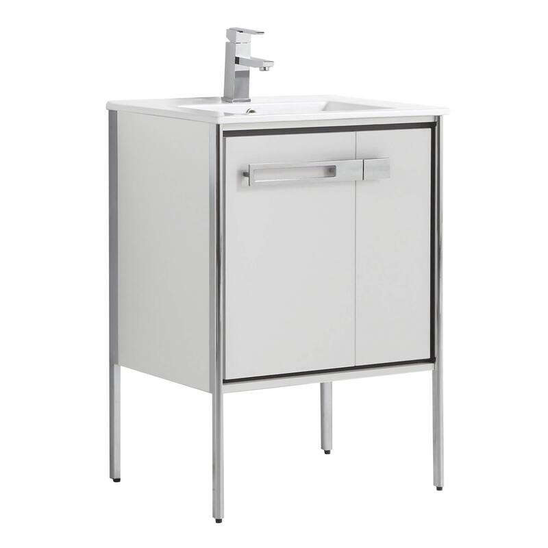 Fine Fixtures Oakville Bathroom Vanity with White Ceramic Sink - 24 Inch - White Matte - Chrome Hardware