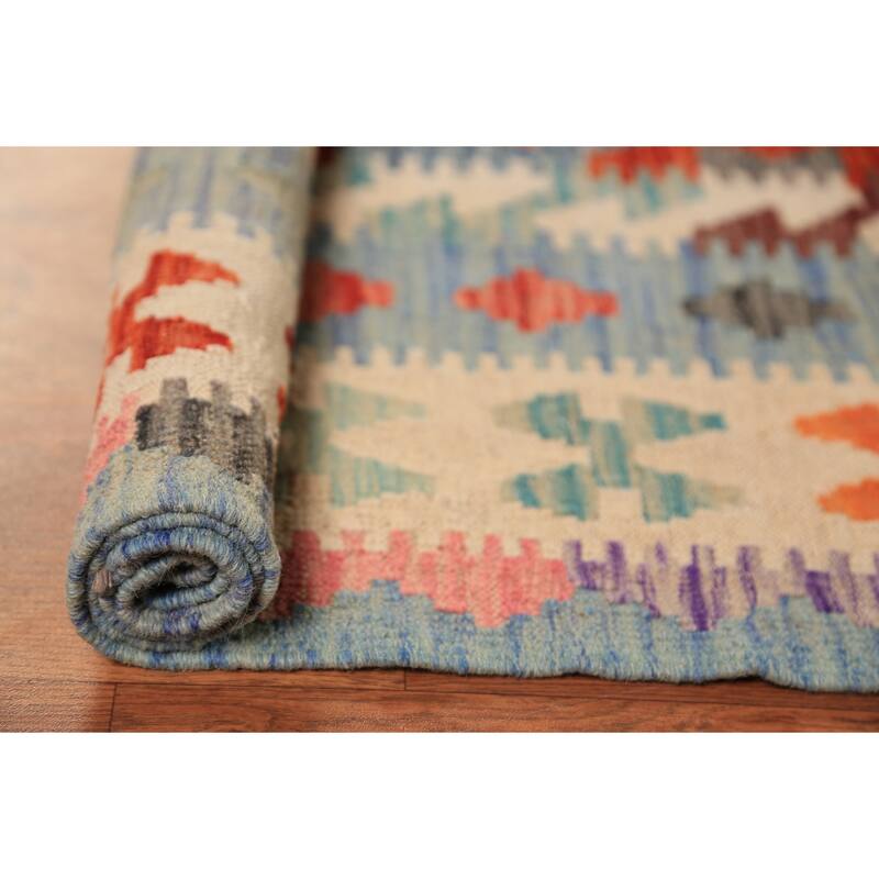 Geometric Kilim Area Rug Flatweave Oriental Wool Carpet - 8'4"x 11'2"