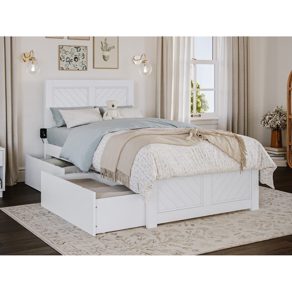 Twin Platform Bed with Storage & Footboard - Modern Bedroom Furniture Set - White Finish