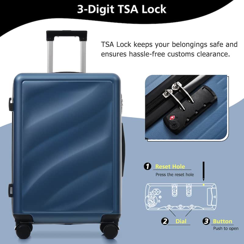 3-Piece, 20, 24, 28-Inch Modern Luggage Sets with Side Hooks and TSA Lock, for Boarding Travel, Dark Blue