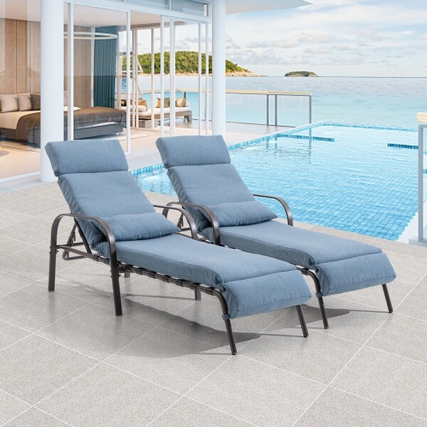 LOKATSE HOME 2 Pieces Outdoor Patio Chaise Lounge Blue Removable Cushions and Pillows with Adjustable Backrest and Armres Reclining Chairs for Beach Poolside Balcony Backyard Garden Khaki 