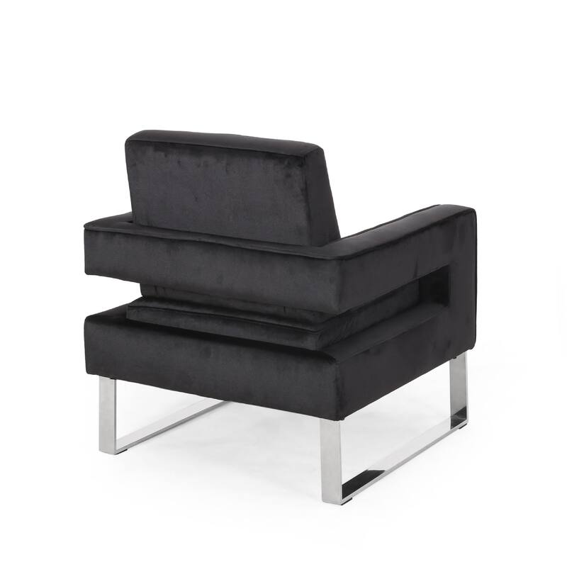 Club Armchair, Black Velvet Upholstery, Modern Stainless Steel Legs