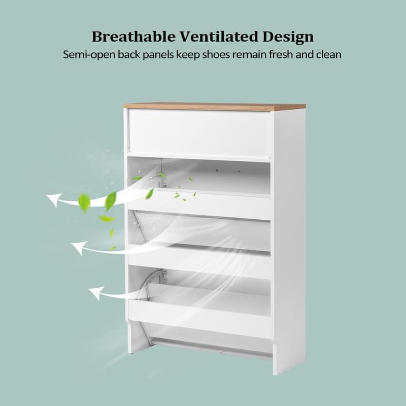 Hidden Shoe Cabinet with 3 Flip Drop-Down Door White & Oak