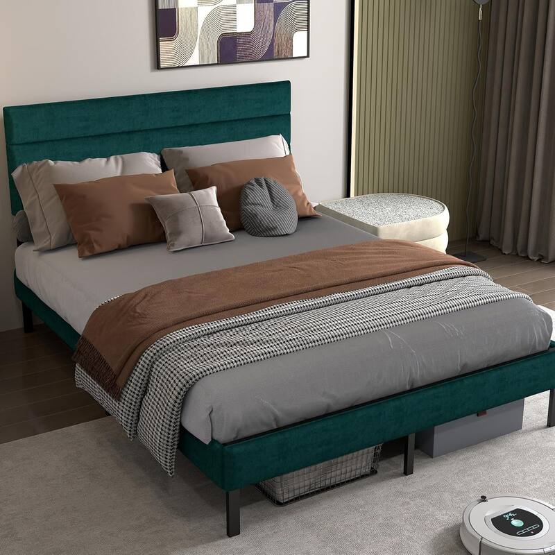 Linen Upholstered Bed Frame Metal Platform Bed Frame with Headboard and 14" Underbed Storage, Metal Slats Support, Noise-Free - Black Green - Queen