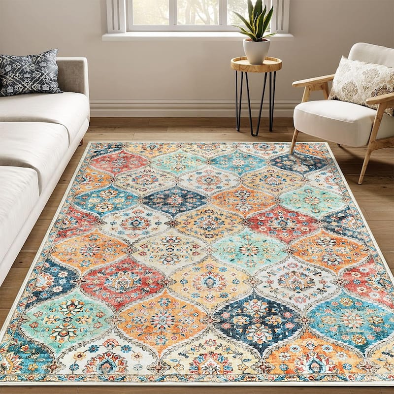 Rugs for Living Room Vintage Oriental Trellis Area Rug Soft Non Slip Low Pile Accent Rugs for Dining Room Office - 5'x7' - Orange