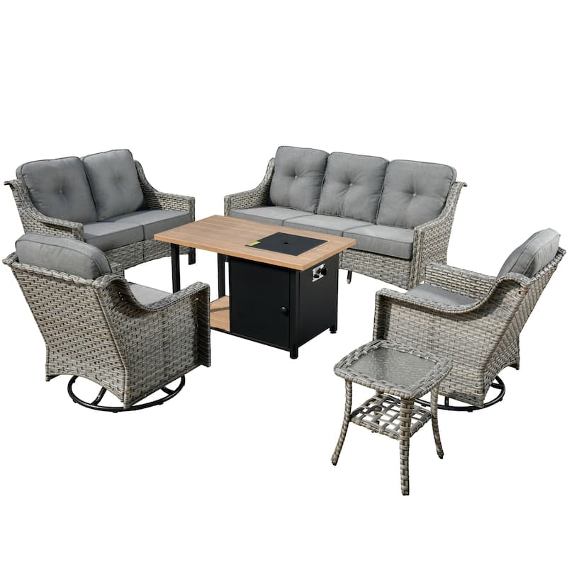 XIZZI 6-piece Outdoor High-back Furniture Swivel Chair Set with Fire Pit