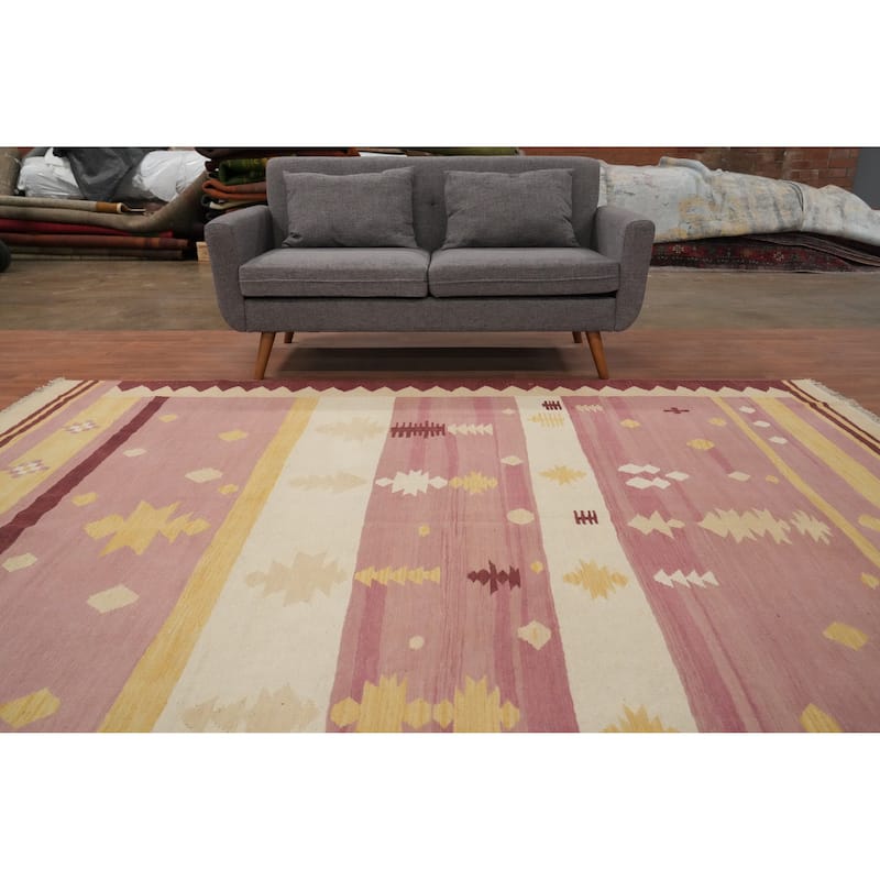 Hand Woven Oriental 100% Wool Carpet Southwestern Tribal Pink Kilim Area Rug - 9' 6'' X 8' 3''