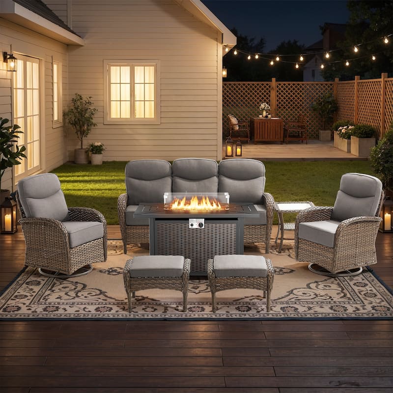 Pocassy Outdoor Sofa Swivel Chair and Ottman with 43in Fire Pit Table - Brown Wicker Gray Cushion - 7-Piece Sofa Swivel Chiar Ottoman with Fire Table