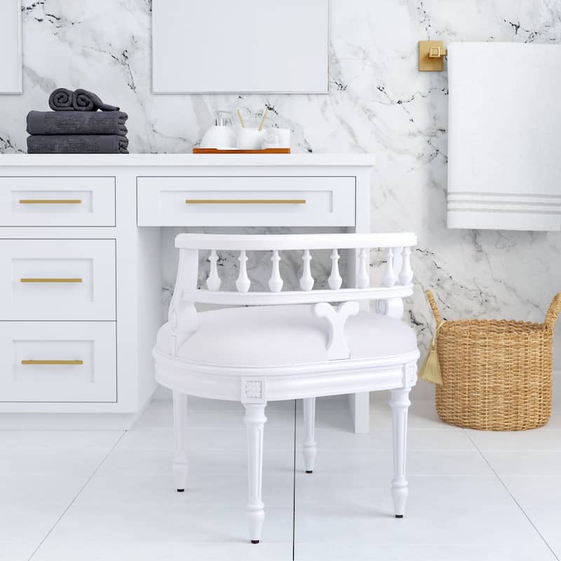 Hathaway 22.5 in. W Oval Upholstered and Wood Traditional Vanity Seat - Cottage White