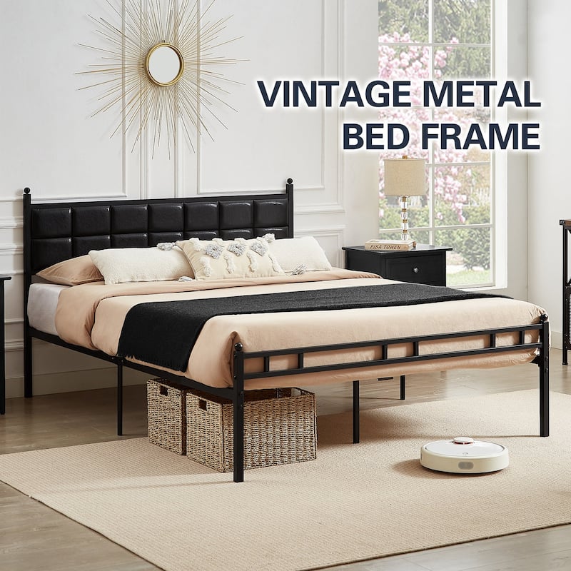 Javlergo Metal Platform Bed Frame Black PU Leather Square Tufted Bed Heavy-Duty Metal Bed Frame No Box Spring Needed