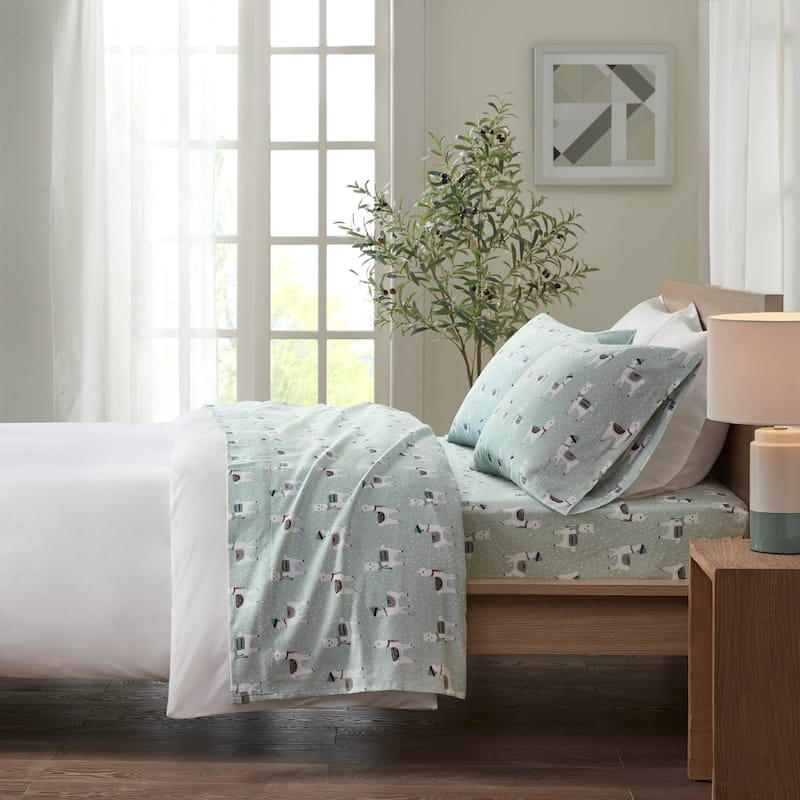 Madison Park Cozy Cotton Flannel Printed Sheet Set - Full - Seafoam Llama
