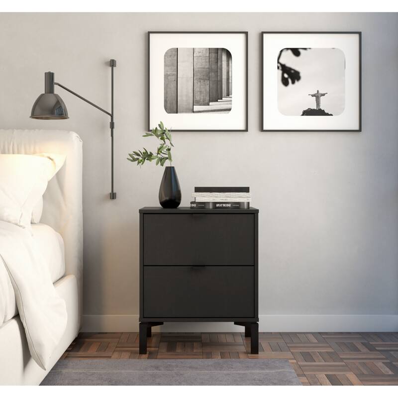 Modern 2-Drawer Nightstand with Eucalyptus Wood Top and Matte Finish for Bedroom Storage