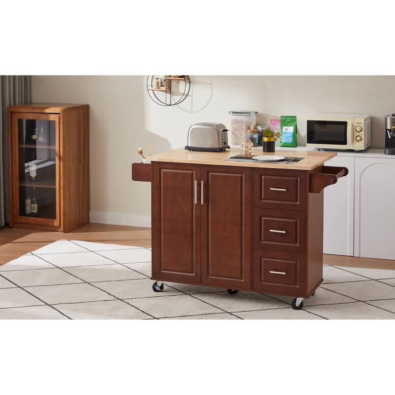 Portable Wooden Kitchen Island Cart Large Capacity with 3 Drawers, Folding Table Spice Rack and Towel Rack, for Small Spaces