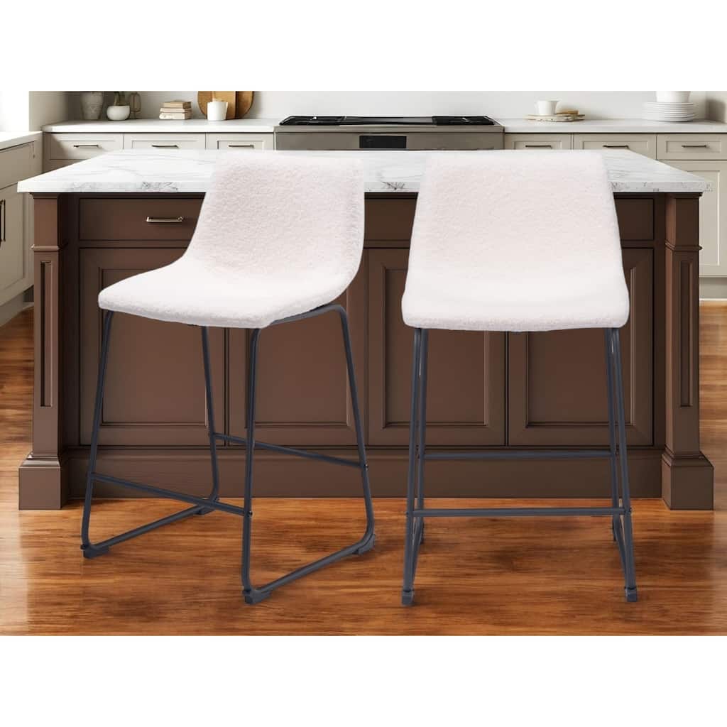 Set of Two 24" Ivory And Black Shearling And Steel Counter Height Bar Chairs