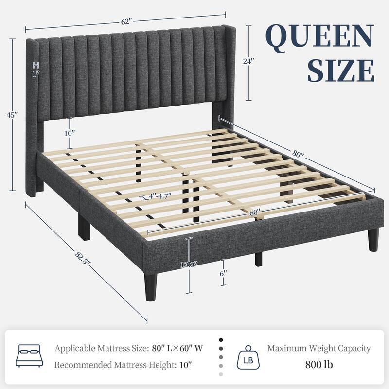 Yaheetech Upholstered Bed Frame with Wing Side Fabric Upholstered Bed with Headboard