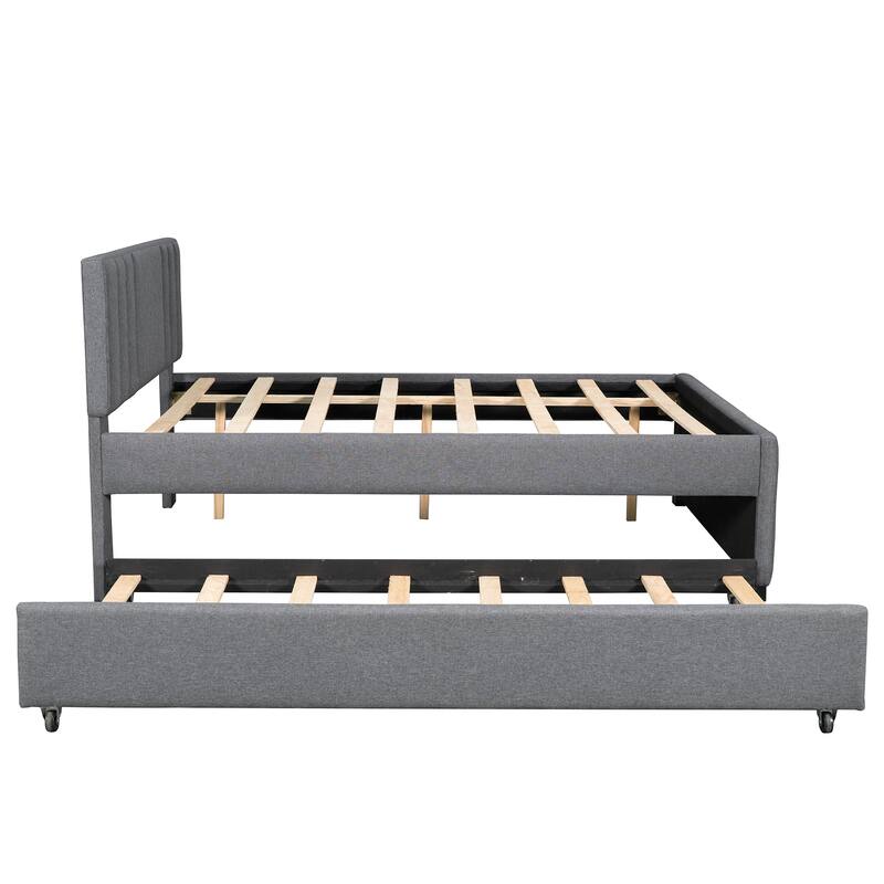Roomfitters Full Upholstered Platform Bed with Pull-Out Trundle and Padded Frame for Guest Rooms, Grey