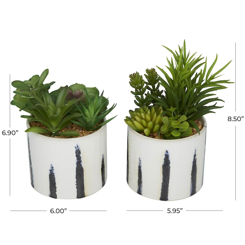Green Faux Foliage Succulents Artificial Plant with Realistic Leaves and Patterned Porcelain Pot (Set of 4 or 2)