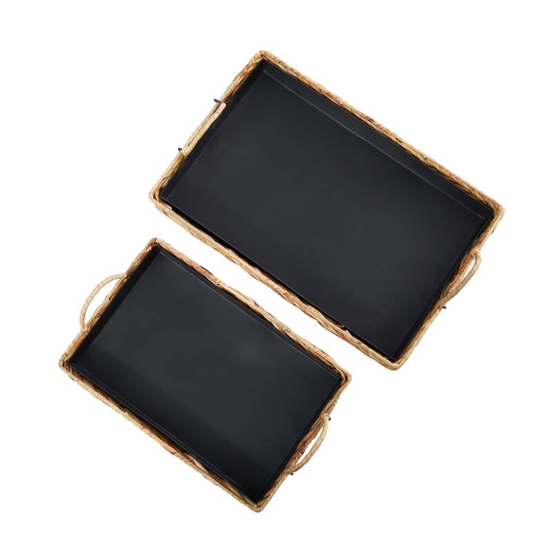 Light Brown Seagrass Handmade Nesting Living Room Decor Tray with Black Wood Interiors (Set of 2) - 20", 16"W