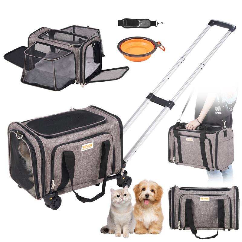 VEVOR Cat Carrier with Wheels Rolling Pet Carrier with Telescopic Handle and Shoulder Strap - 0-25LBS