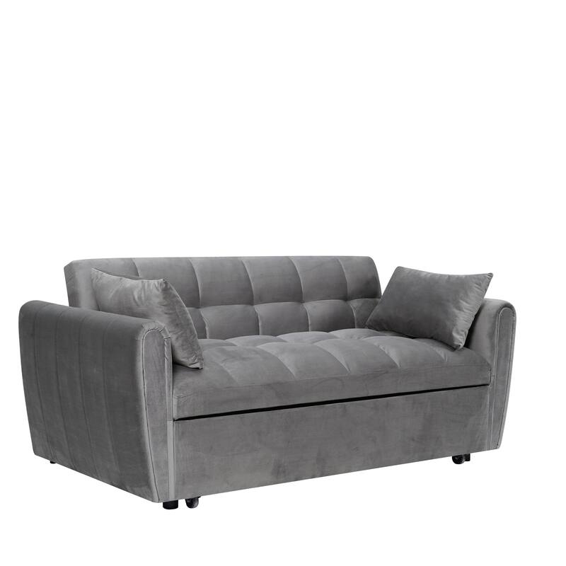 65" 3-in-1 Foldable Large Size Velvet Sofa Bed with Adjustable Back, Storage Bag and Pillow, Dark Gray
