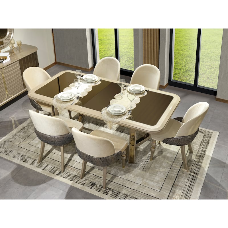 Madrid Modern Dining Room Table, 6 Dining Room Chairs and Console With Mirror Set - Cream