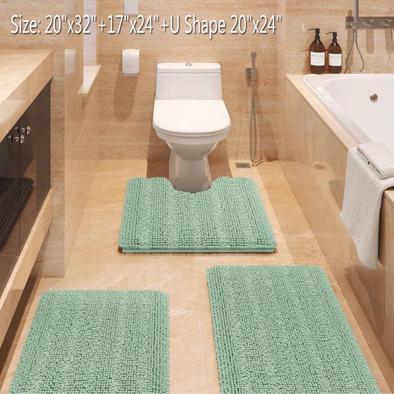 Ultra Soft Striped Non Slip Chenille Bathroom Rug Set 3 Pieces