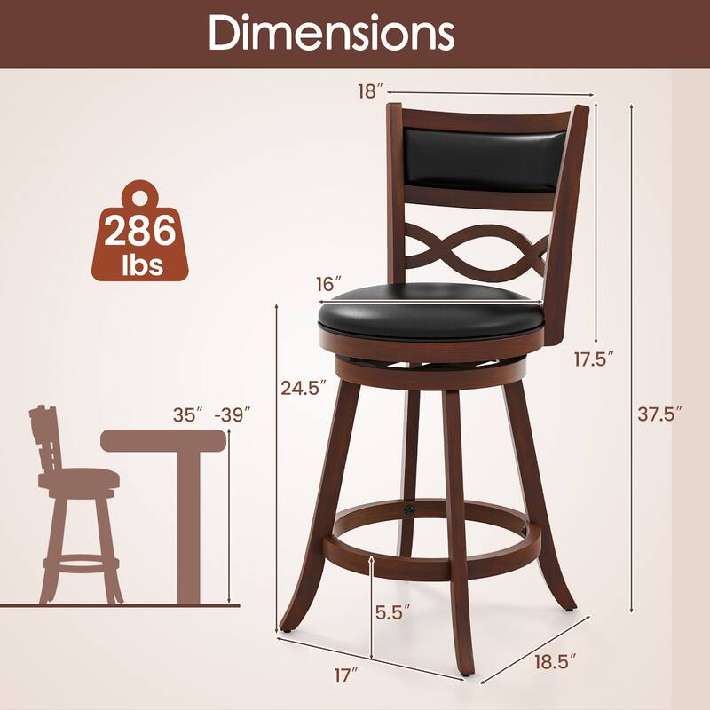 Gymax 24 Inch Bar Stools Set of 4 w/ Rubber Wood Frame Faux Leather
