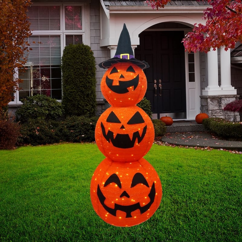 FUNPENY 5FT Halloween Collapsible Pumpkin Decorations, Pre-Lit Light Up 100 LED Pumpkin With Black Hat, Lighted Pop Up Jack-o-Lantern With Metal Stand For Indoor Outdoor Yard Holiday Decor