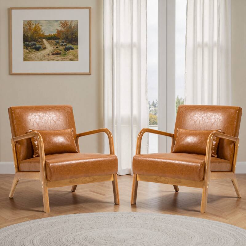 2 Set Mid Century Modern Upholstered Accent Chair - PU Leather - Light Brown