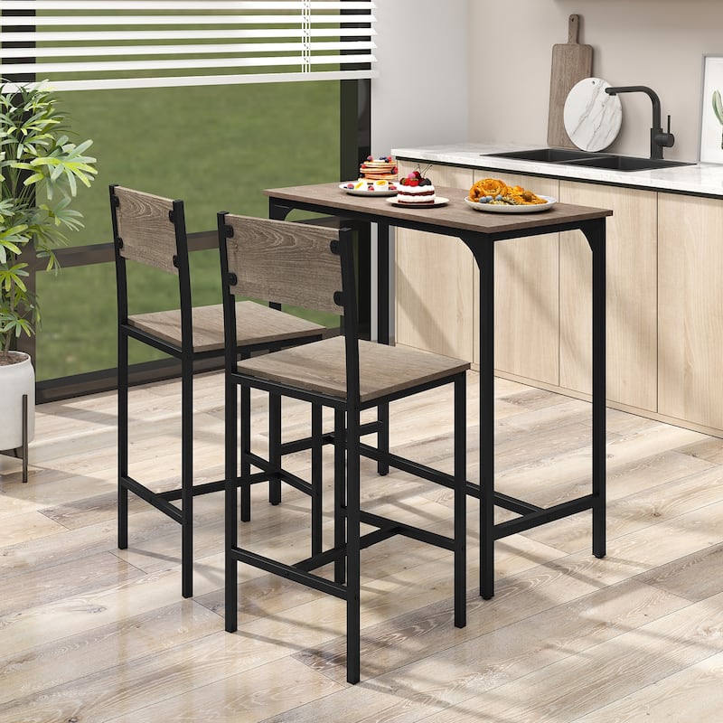 3 Pcs Bar Table Set with Chairs Backrest Footrest for Small Dining Space - 35.5" x 18" x 35"