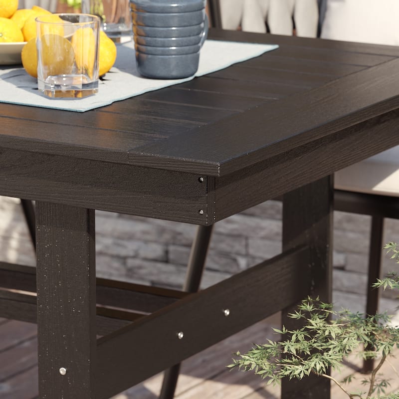 Outdoor Dining Table and Chair Set: HDPE Material, Wood - Grain Design