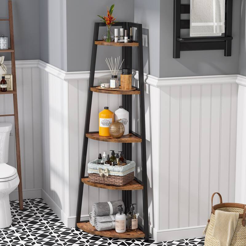 Brown/ Black Corner Ladder Shelf,5 Tier Corner Bookshelf Bookcase, White/ Gold 70 Inch Tall Display Rack for Small Space