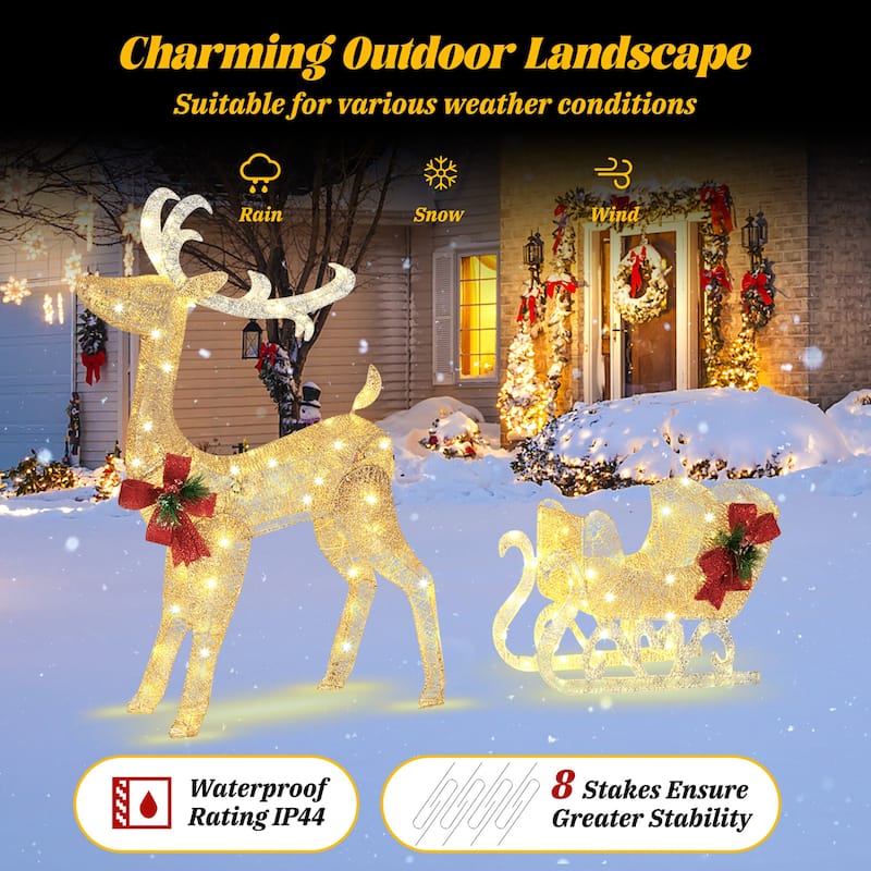 Costway Lighted Christmas Reindeer & Sleigh, Outdoor & Indoor - See Details