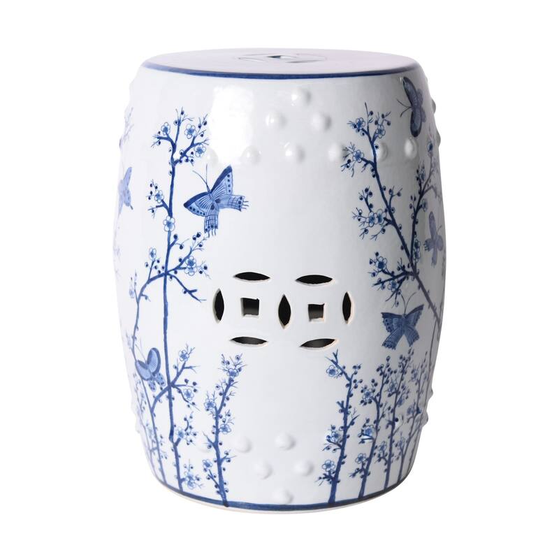 Blue and White Butterfly Plum Garden Stool - 13x13x17