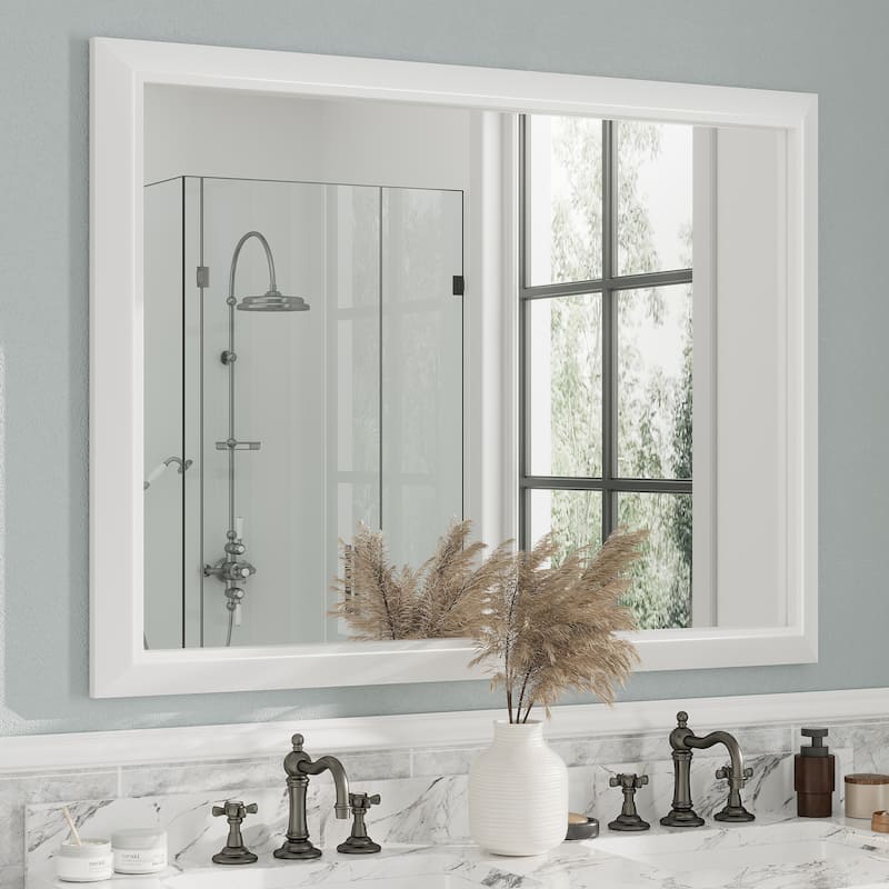 Beveled Metal Rectangle Framed Bathroom Vanity Tempered Glass Mirrors - 48" x 36" - White
