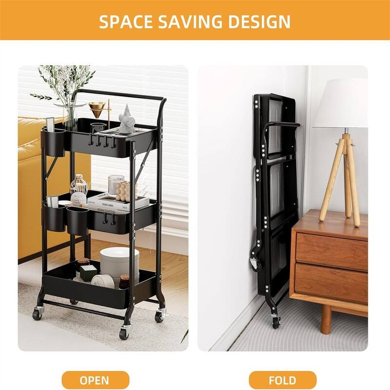 3 Tier Foldable Rolling Cart - 12"D x 17.9"W x 36.6"H