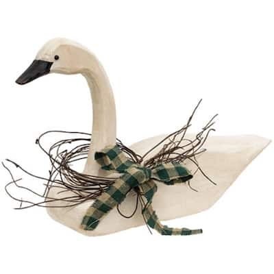 Distressed White Wooden Swan Accent with Green Plaid Bow and Vine Wreath for Tabletop - 8.75" H x 14.75" W x 3" D