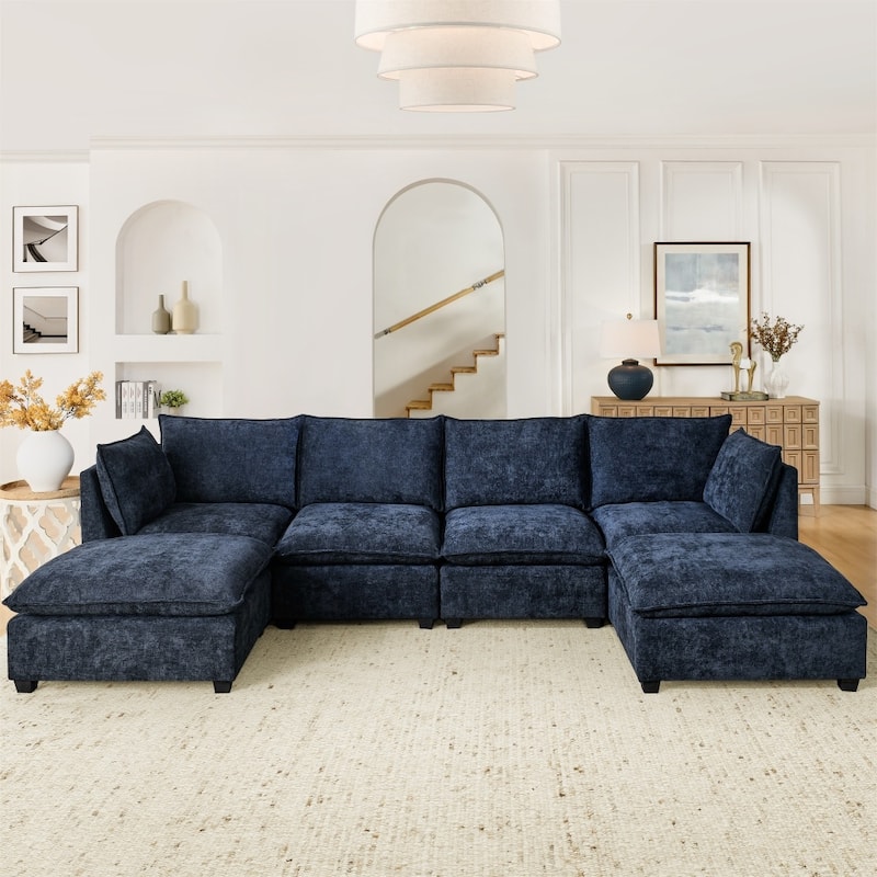 140" Comfy Wooden Sectional Sofa with Ottomans & Throw Pillows - Blue