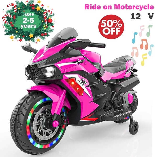 slide 2 of 11, 12V Electric Motorcycle, 2-Speed Ride On Toy with LED Lights and Music Light Pink