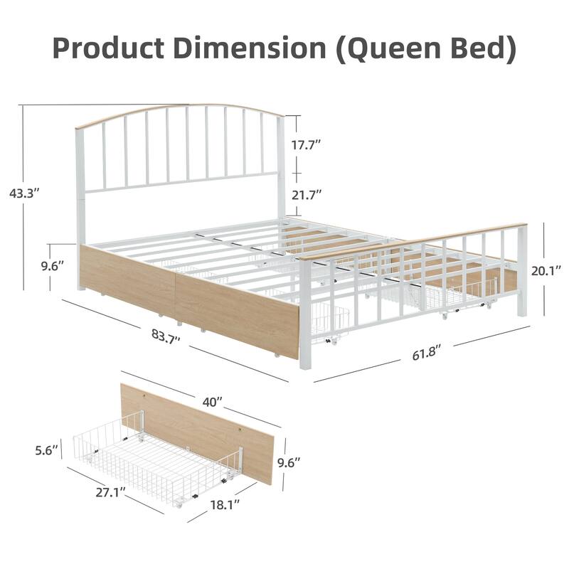Modern Geometric Metal Platform Bed Frame with 4 Drawes Storage